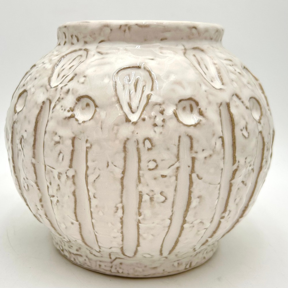 Textured Studio Pottery Vase Cream Glazed Ceramic Round Hand Carved Vessel